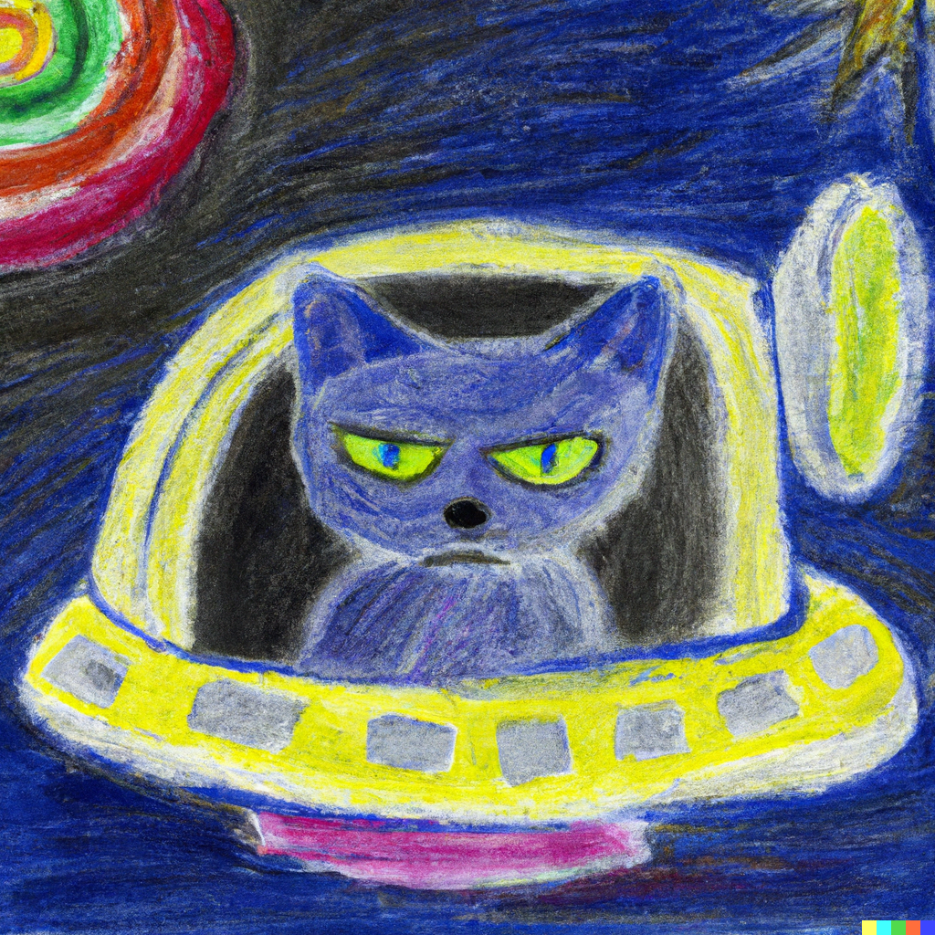 Oil pastel paint of a cat in a spaceship.