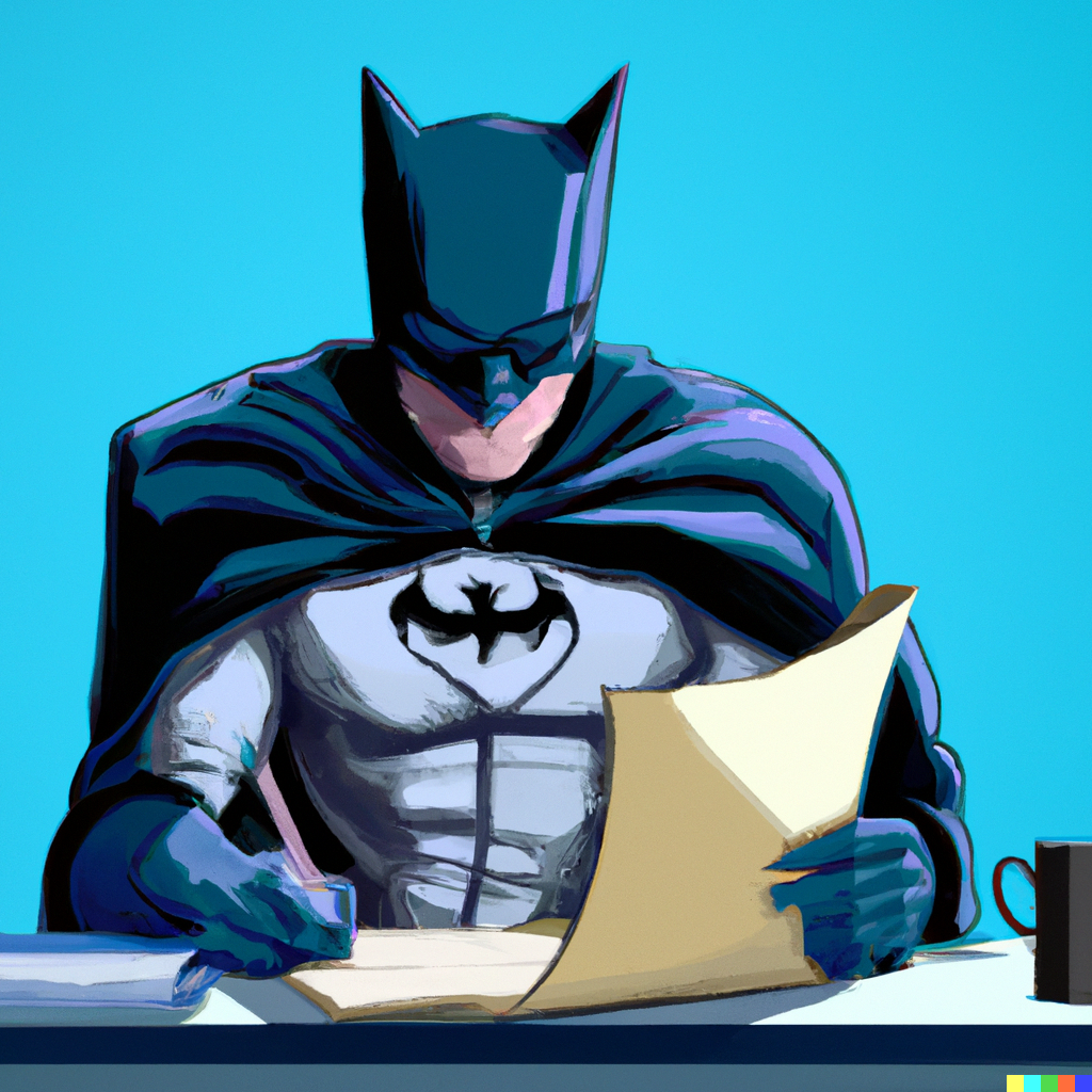 Batman studying at a desk.