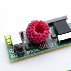 A painting of a raspberry on a circuit board with a white background.