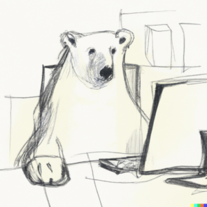 Pencil sketch of a polar bear at a computer desk holding a mouse looking very concerned.
