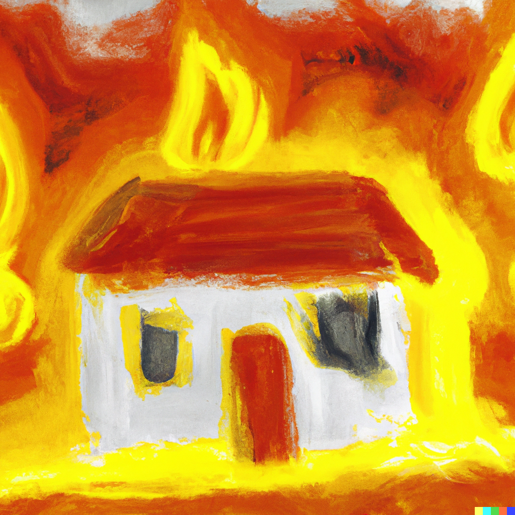 A finger painting of a house on fire.