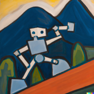 An oil painting of a robot running up a mountain.