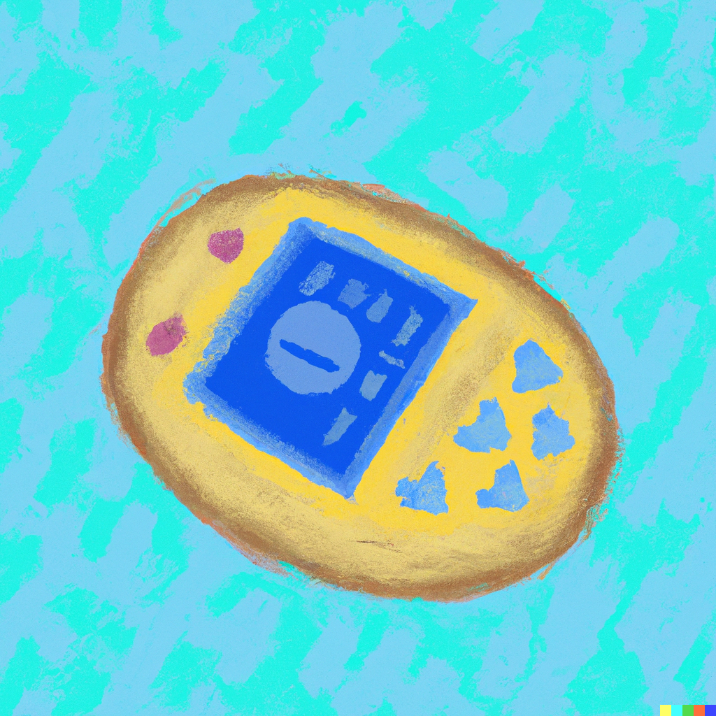 A Tamagotchi painted on a blue background.