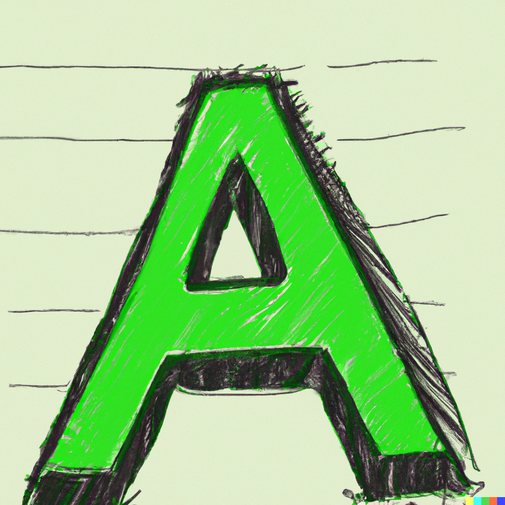 The capital letter A. It is green with a bold black outline.