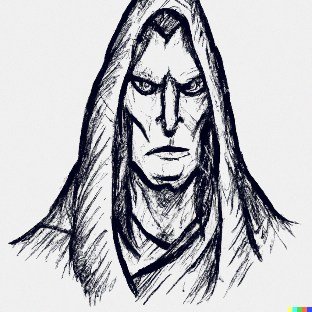 Hand drawn sketch of a long faced man in a hood.