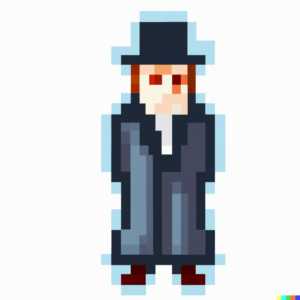 Pixel art of an individual with a top hat and red eyes with a trench coat.