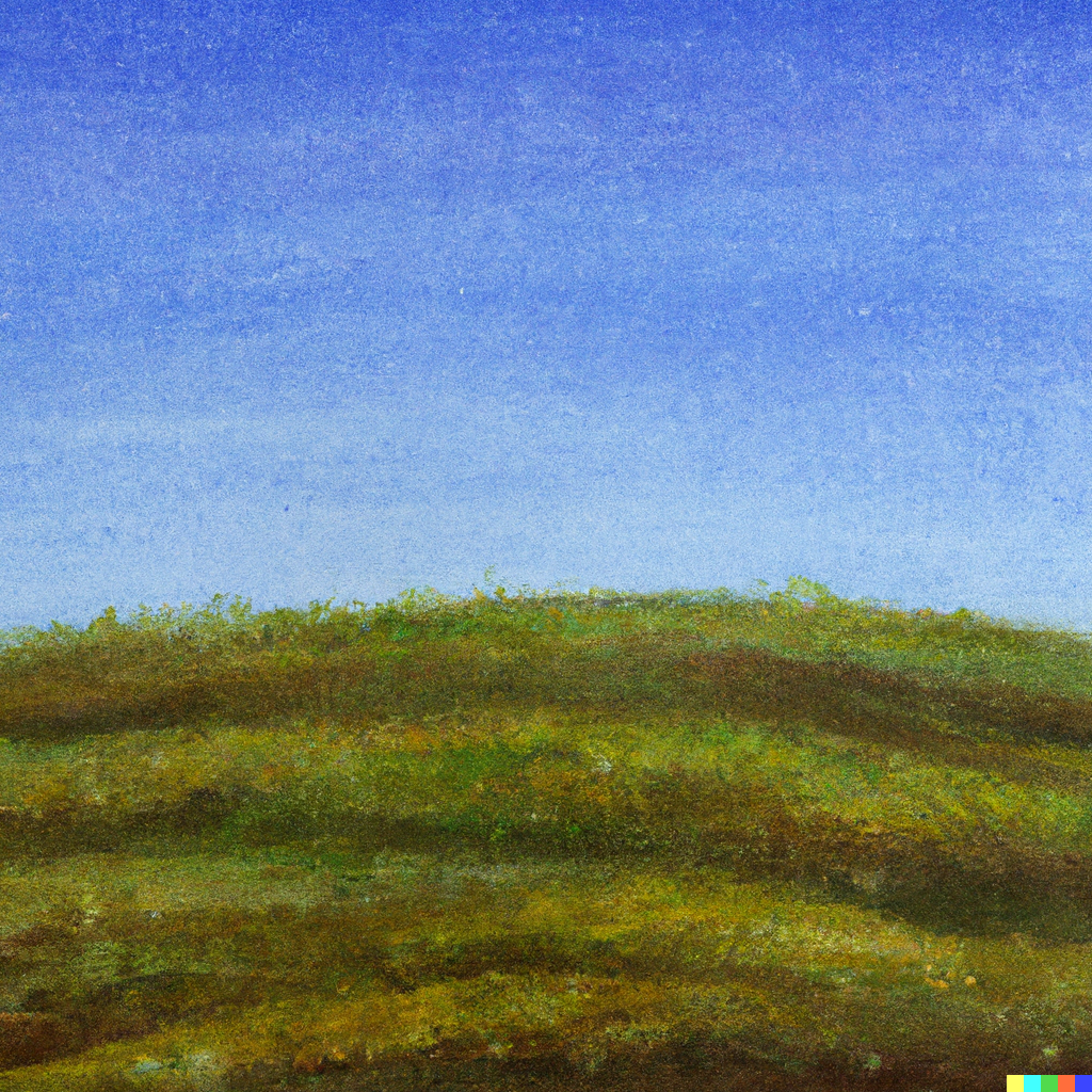 Oil painting of a grass field with a blue sky in the background.