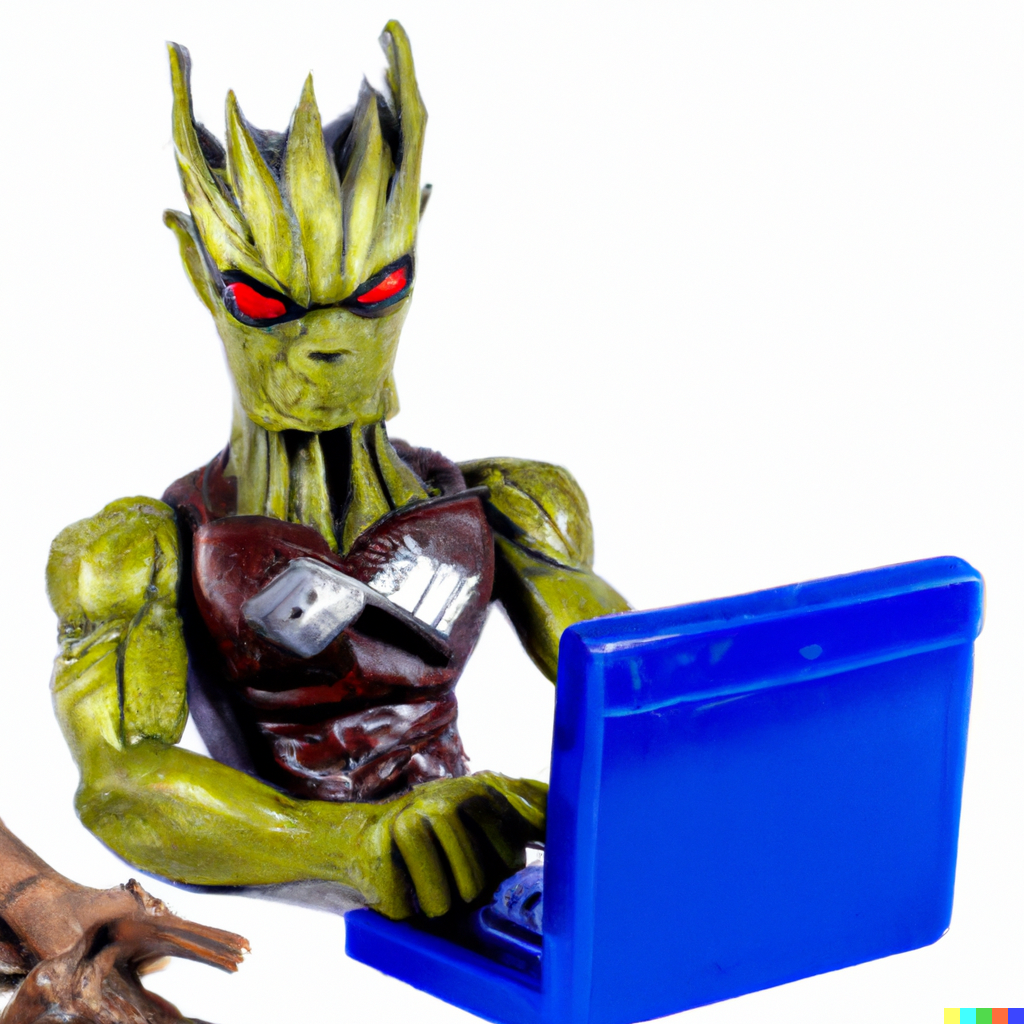 A root character sitting in front of a blue laptop.