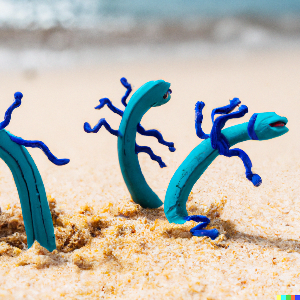 Clay hydra monsters on a beach.