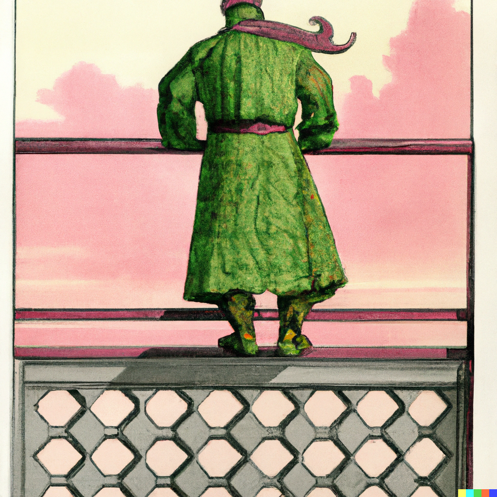 Man in green on balcony.